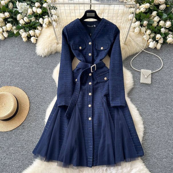 Retro-Style V-Neck Dress – Elegant A-Line Midi Dress With Waist-Defining Metal Buttons & Sheer Mesh Panels – Vintage-Inspired Office-To-Cocktail Dress_ecoleips.com