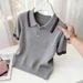 Women's Contrast Color Striped Knit Top Casual Short Sleeve Crew Neck Slim Fit T-Shirt Grey Fashion Top_ecoleips.com