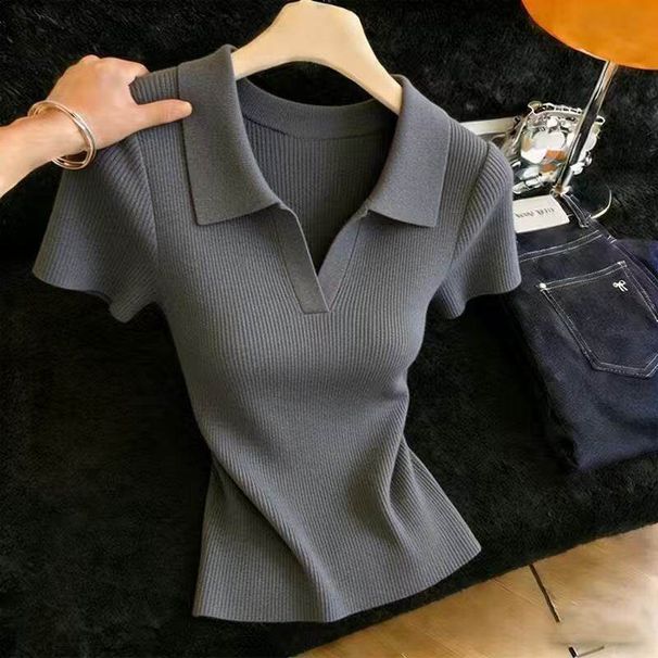 Women's French Style Ice Silk Knit Top Short Sleeved Elegant Slim Fit Flattering Collared New Summer Style_ecoleips.com
