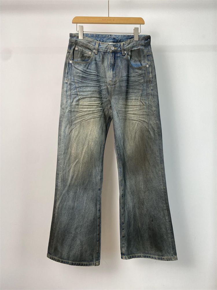 Women's Clothing Heavy Retro Dirty Dyed Distressed Jeans Men's Fashion Straight Slim Trousers_ecoleips.com