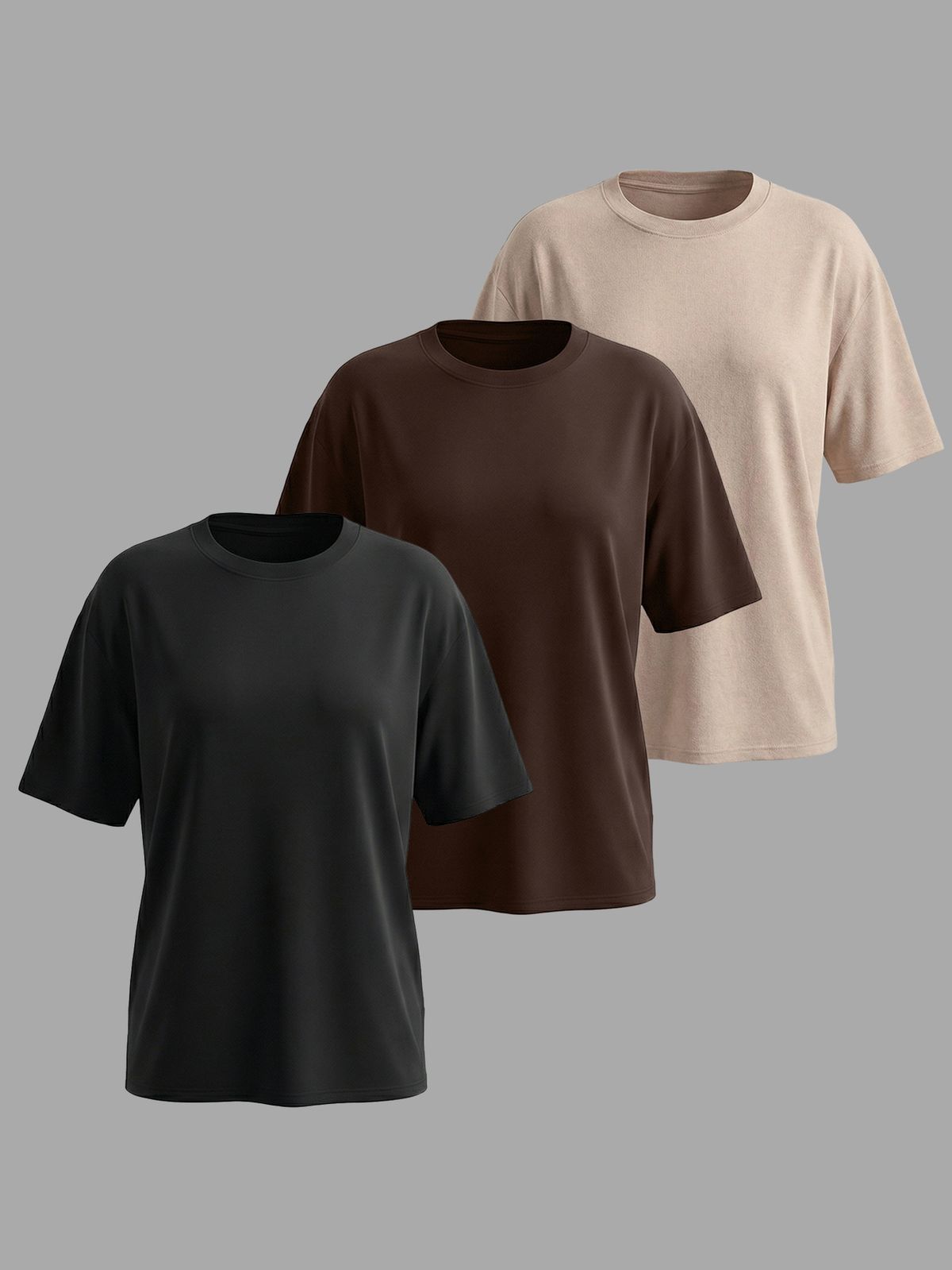 Women's Style Casual Round Neck Short Sleeve Plain Sports Top Loose Three Piece T-Shirt Set Solid Color_ecoleips.com