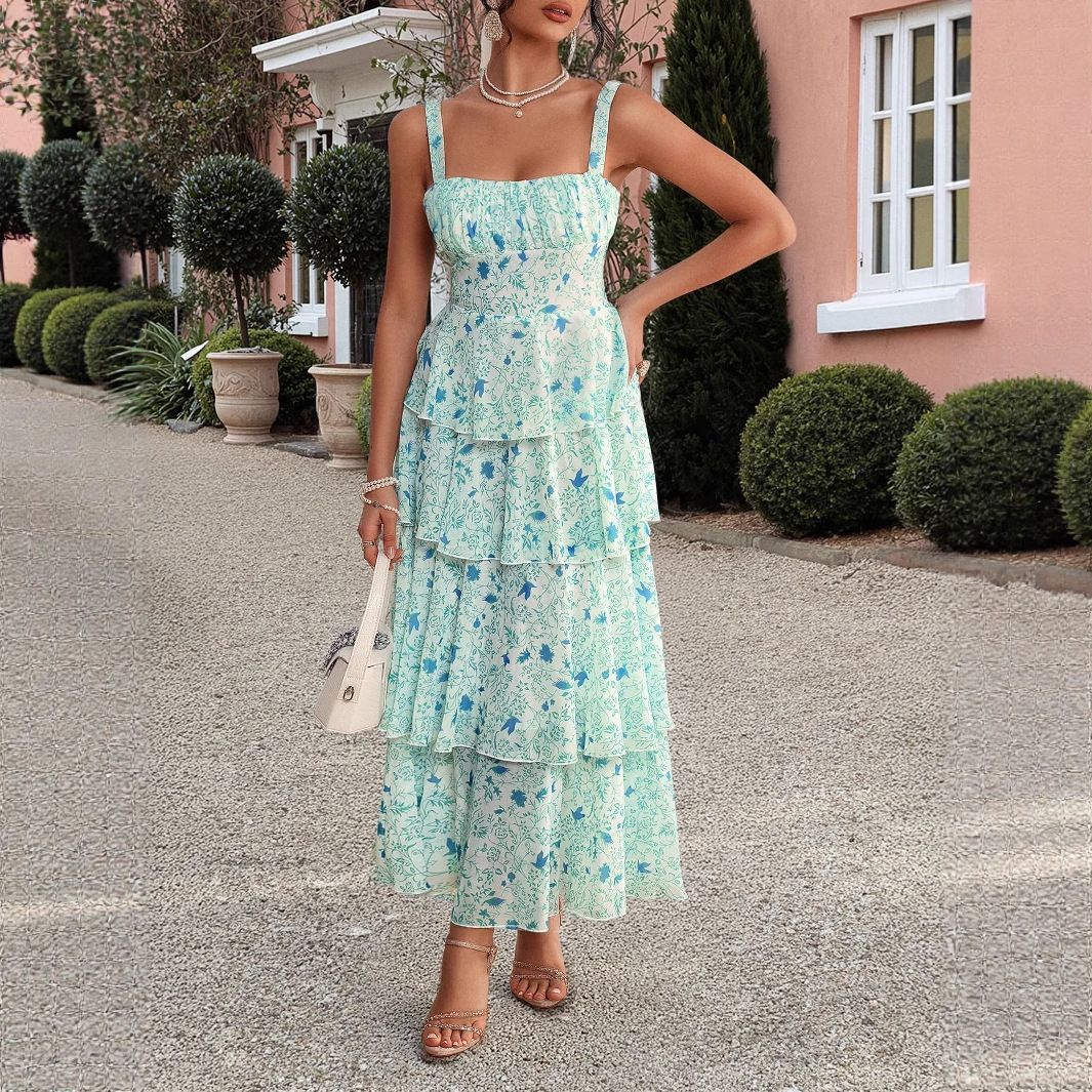 Women's Clothing Temperament Elegant Style Floral Sling Cake Skirt Dress_ecoleips.com