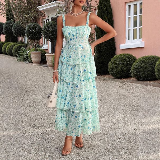 Women's Clothing Temperament Elegant Style Floral Sling Cake Skirt Dress_ecoleips.com