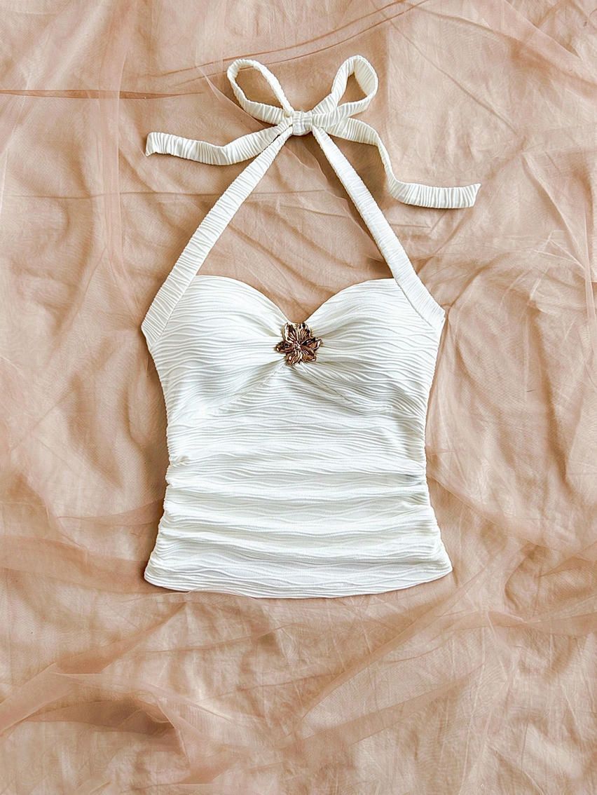 American Style Women's Halter Neck Camisole Slim Fit Backless Top Metal Embellishments Casual Versatile_ecoleips.com