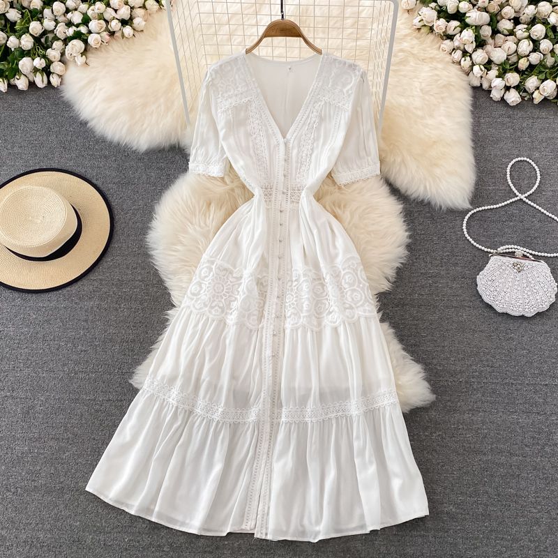 Red V Neck Dress Summer Style French Retro First Love Temperament Fairy Dress for Beach Vacation Or Desert Long Women's Clothing_ecoleips.com