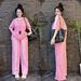 Korean Style Women's Summer Fashion Two Piece Outfit Casual Wide Leg Pants Short Sleeved Top Full Length Three Stripe Clothing Set_ecoleips.com