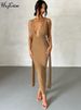 Hugcitar V Neck Backless Adjustable Straps Solid Bandage Draped Slit Sexy Maxi Dress Summer Women Elegant Birthday Party Outfit_ecoleips.com