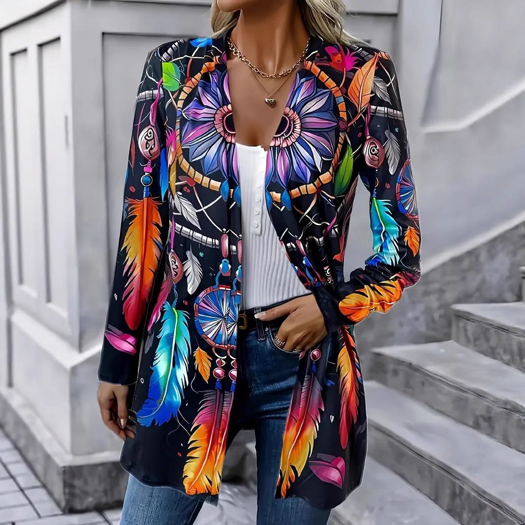 New Women's Retro Cardigan Mid-Length Feather Coat Style Outerwear_ecoleips.com