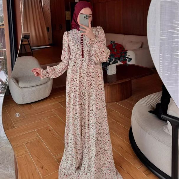 Women’s Clothing Muslim Women's Spring And Autumn New Small Floral Long Sleeved Swing Dress_ecoleips.com
