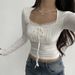 Sexy Slim Fitting Long Sleeve T-Shirt Top Lace Trim Pleated Busty American Style Pure Alluring New 2023_ecoleips.com