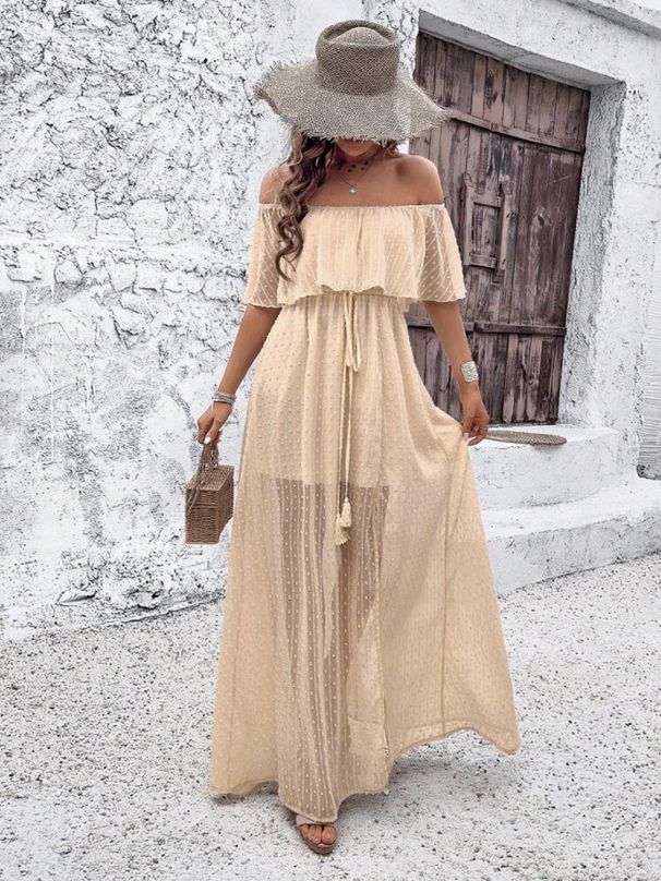 European And American 2025 Summer New Vacation Style Sexy Off-Shoulder Solid Color Dress Cross-Border_ecoleips.com