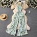 Women's Clothing Travel Vacation Outfit Jumpsuit Women's Summer Elastic Pleated Waist Floral Suspenders Wide Leg Long Pants_ecoleips.com
