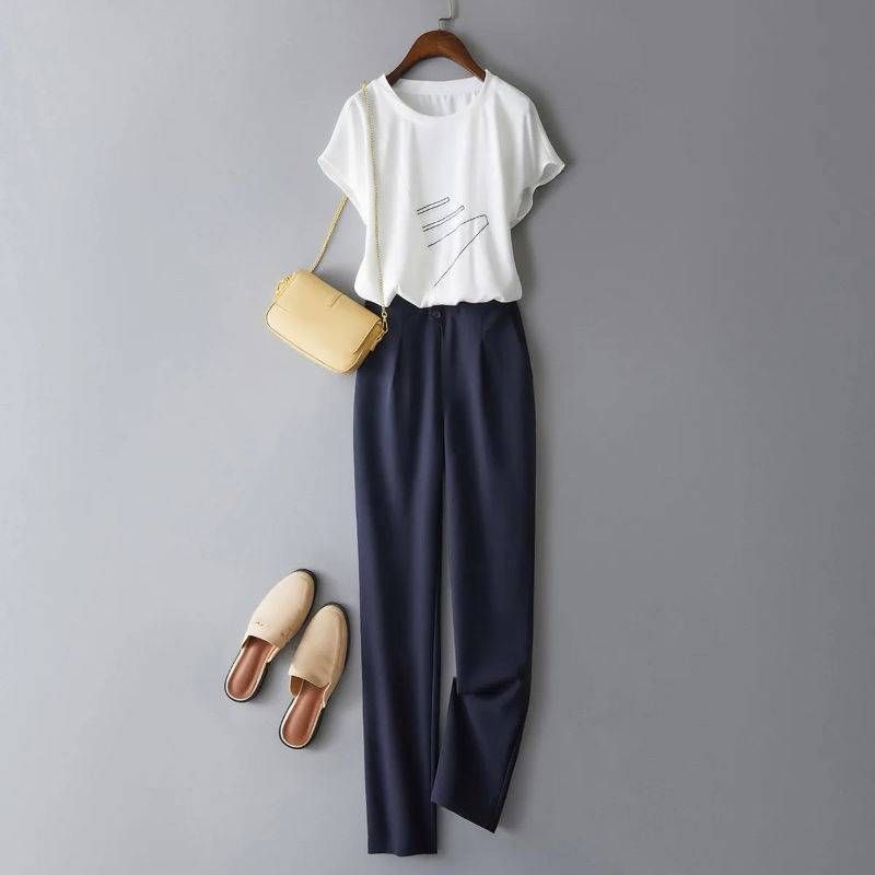 Women's Clothing Fashionable Suits For Women Capable And Slim Short Sleeved T Shirts Drapey Trousers Two Piece Suits For Women_ecoleips.com