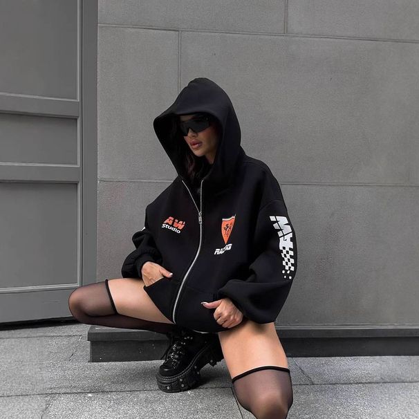 Women's Clothing Fashion New Zipper Hooded Sweatshirt For Women Trendy Brand Logo Letter Print Oversize Jacket Autumn And Winter Style_ecoleips.com