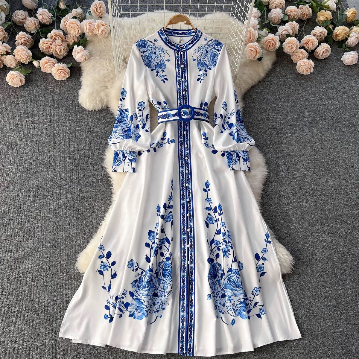 Blue White Porcelain Print Dress Elegant Mandarin Collar Flared Midi with Side Buttons Women's Clothing_ecoleips.com