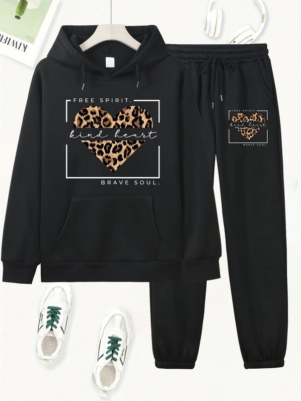 Women's Autumn And Winter Fashionable Casual Leopard Print Heart-shaped Print Thickened And Plush Warm Hooded Sweatshirt+sports Pants Set-781_ecoleips.com