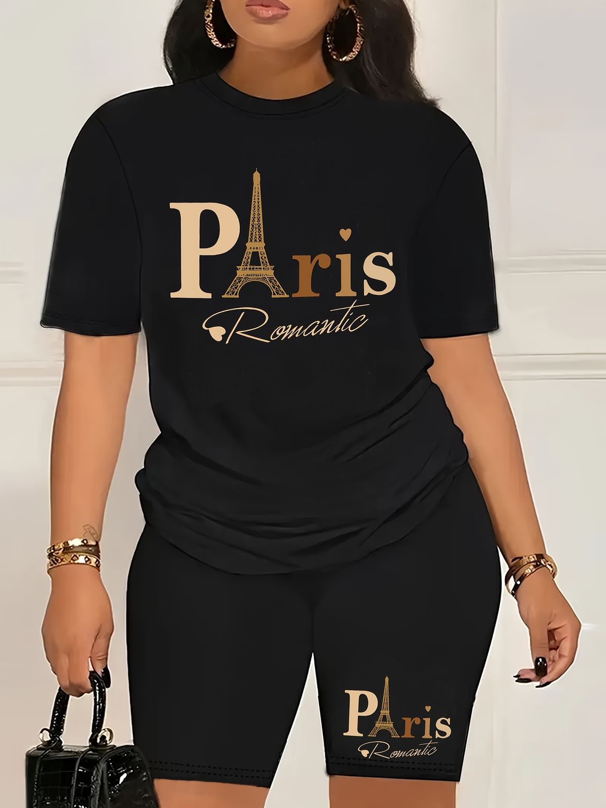 Summer Women's Casual And Fashionable Parisian Style Printed Loose T-shirt+shorts Two-piece Sportswear Suitable For Daily Wear-116_ecoleips.com