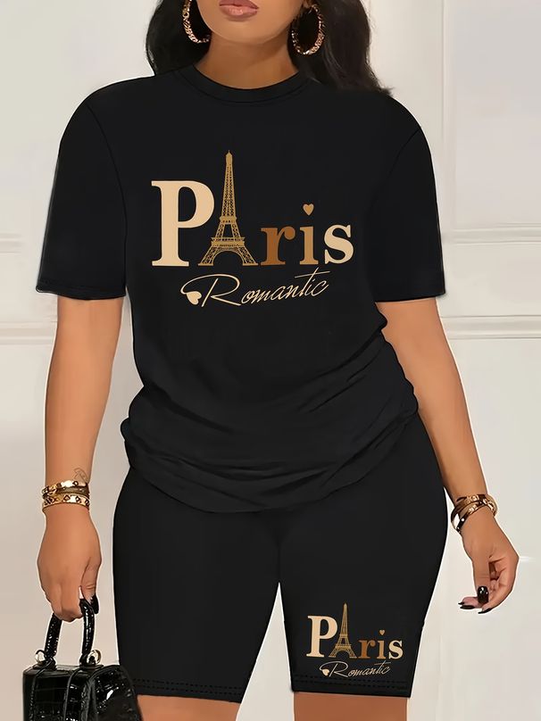 Summer Women's Casual And Fashionable Parisian Style Printed Loose T-shirt+shorts Two-piece Sportswear Suitable For Daily Wear-116_ecoleips.com