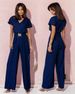 Women's Solid Color V Neck Casual Jumpsuit Short Sleeved Waist Trousers Clothing_ecoleips.com