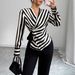 European American Cross-border Foreign Trade Women's Casual Striped Long-sleeve Shirt With V-neck, Slim Fit,_ecoleips.com