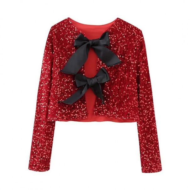 Trendy 3D Bow-Trim Short Jacket For Women - Glitter Detailing, A-Line Silhouette, Polyester-Spandex Blend (XS/S/M/L, Black/Red/Cream/Silver)_ecoleips.com