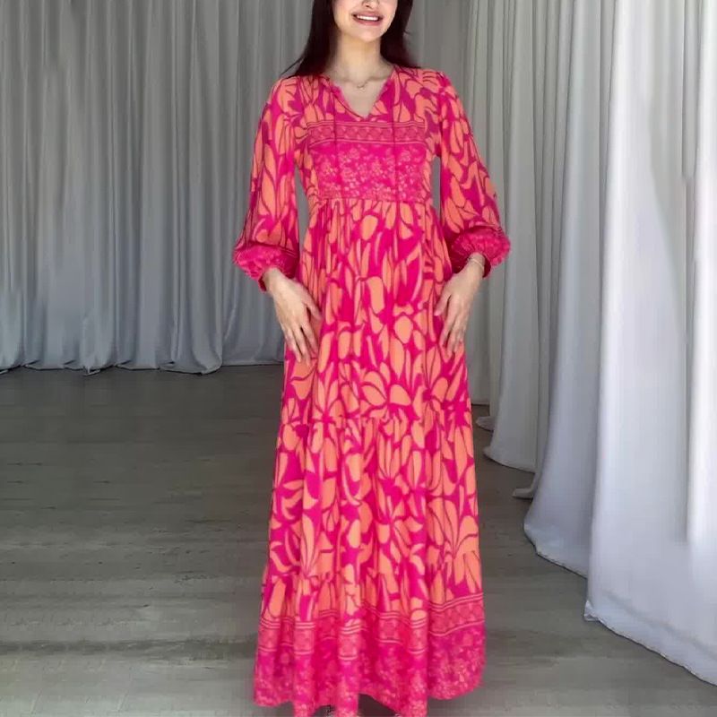 Vintage Floral Print Dress For Women - Elegant V-Neck, Lantern Sleeves, High Waist, Long Flowy Skirt (Peacock Green/Red/Black)_ecoleips.com