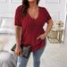 2025 Spring Summer Hot-Selling Cross-Border Solid Color Plus Size Women's Elegant Top V-Neck Ribbed Short Sleeve_ecoleips.com