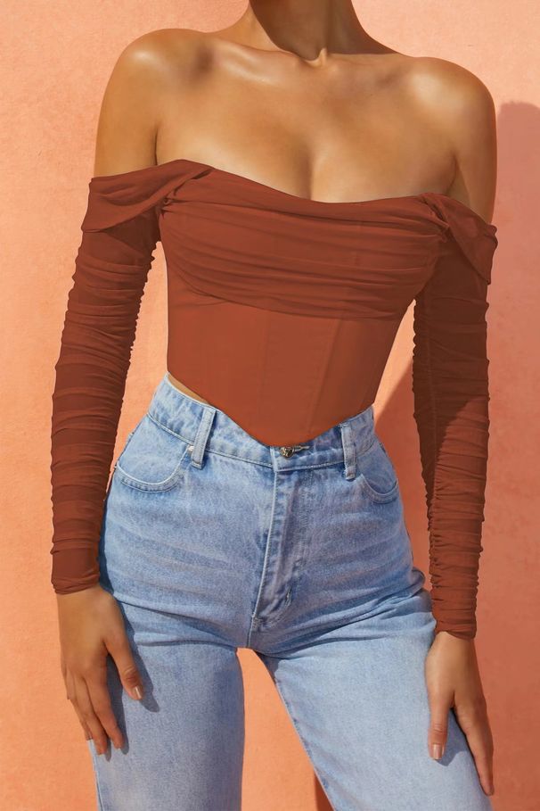 Women's Clothing Autumn And Winter Mesh Fishbone Perspective One Shoulder Navel Baring Short Long Sleeved Tops For Women_ecoleips.com
