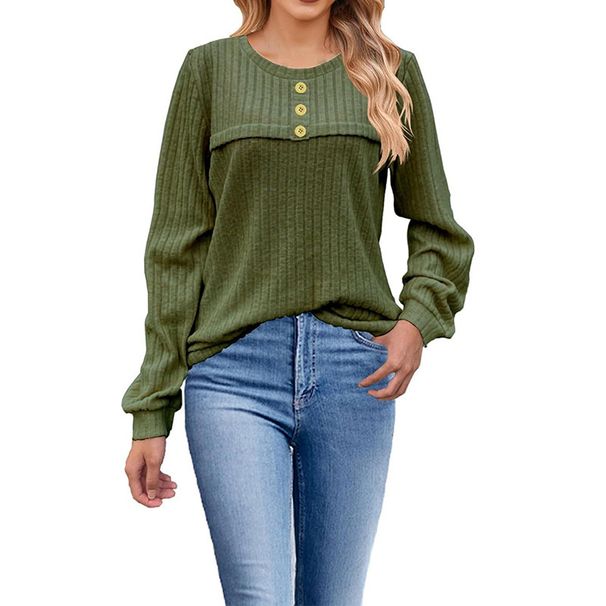 Women's Clothing Round Neck Pit Stripe Brushed Solid Color Button Stitching Long Sleeved T Shirt Female_ecoleips.com