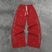 Urban Streetwear Distressed Denim Pants With Rhinestone Star & Rose Embroidery - Elastic Waist Drawstring Wide Leg Joggers For Men & Women_ecoleips.com