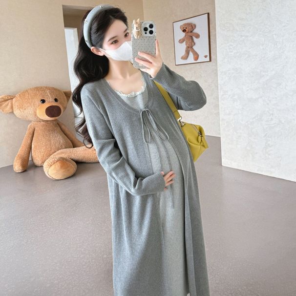 Autumn Winter New Korean Version Two-Piece Lace Patchwork Knitted Color-Block Tie Maternity Dress_ecoleips.com