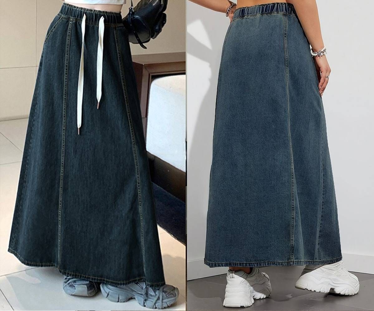 Stretch Waist A-Line Denim Skirt For Women – Relaxed Fit & Flowy Hem (S-XXL) | Casual Long Skirt With Drawstring_ecoleips.com