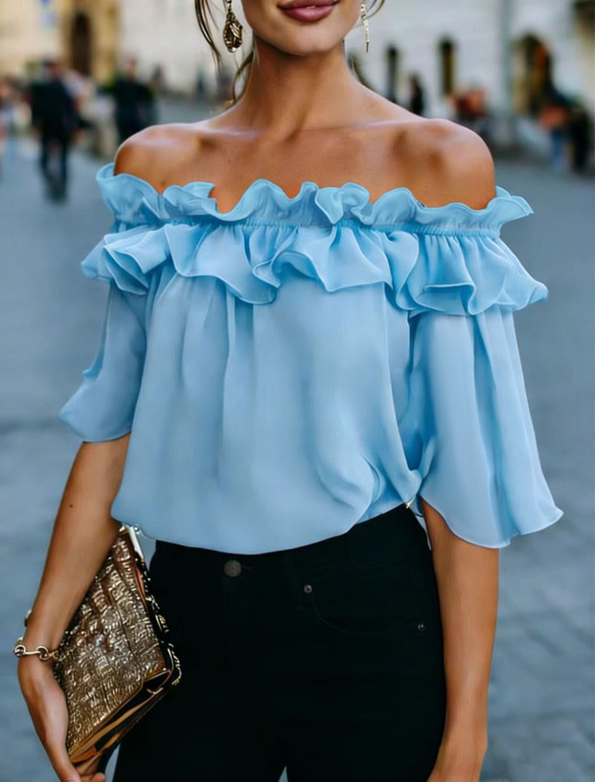 Women's Off-Shoulder Blouse With Flounce Sleeve - Elegant Ruffle Trim Casual Summer Top In Navy, Sky Blue, Black, White, Purple, Pink_ecoleips.com