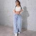 High Waist Straight Leg Jeans For Women - Summer Stretch Denim Pants With Relaxed Fit & Distressed Details_ecoleips.com