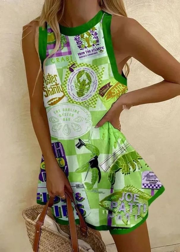 Women's 3D Digital Print Sleeveless round Neck A-Line Dress Temperament Casual Summer Fashion for Personalized Outerwear_ecoleips.com