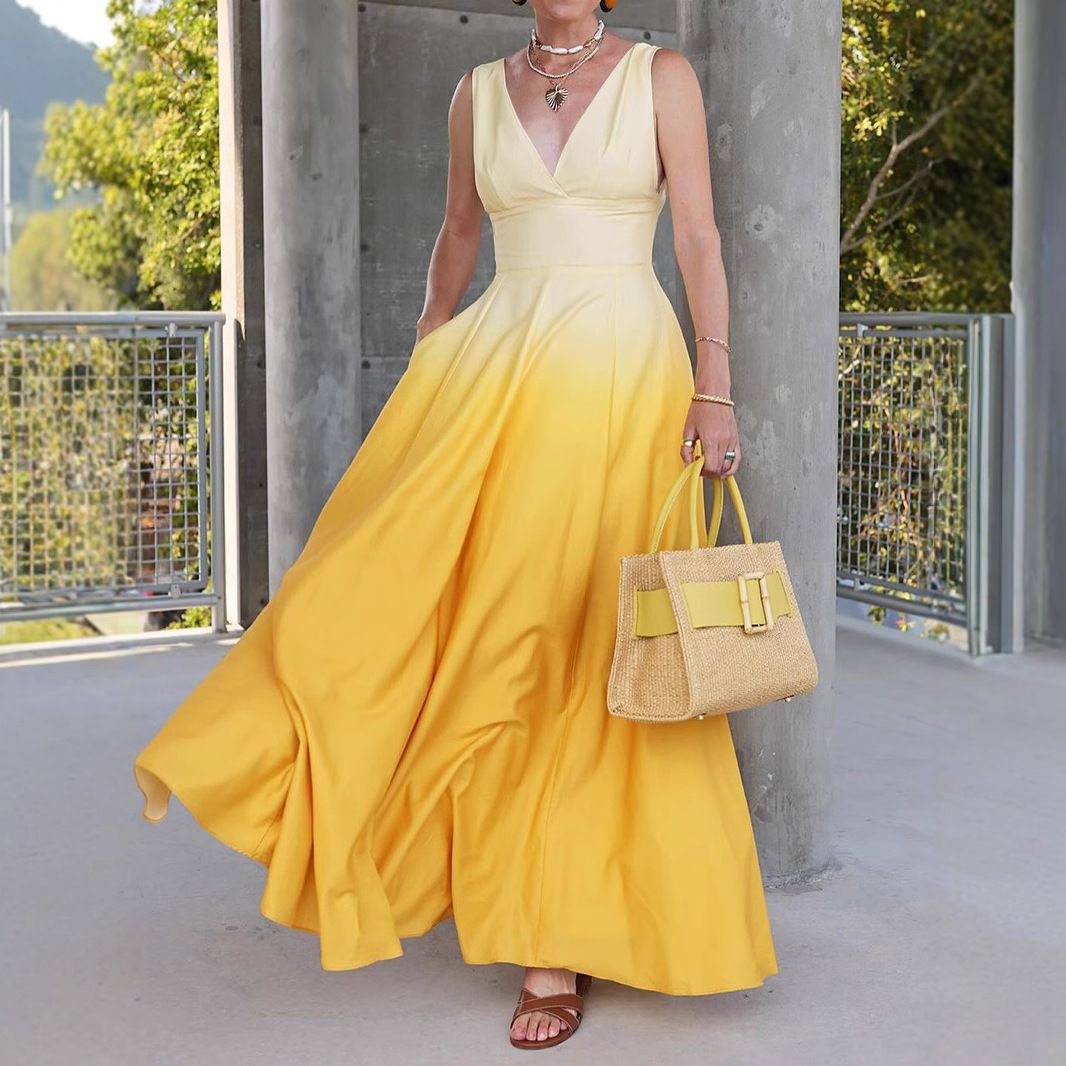 2025 New Fashion V-neck Sleeveless Gradient Personality Vacation Date Dress Women's Clothing_ecoleips.com