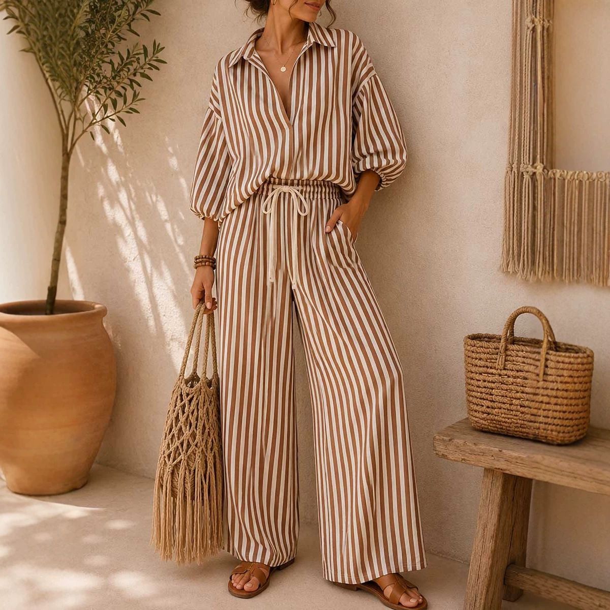 European And American Style Women's Summer Fashion Set Striped Long Sleeved Shirt And Loose Pants Two-Piece Outfit_ecoleips.com