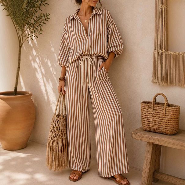 European And American Style Women's Summer Fashion Set Striped Long Sleeved Shirt And Loose Pants Two-Piece Outfit_ecoleips.com