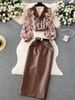 Women's Clothing collar floral chiffon shirt high waist tight PU leather skirt female high end outfit two piece suit_ecoleips.com