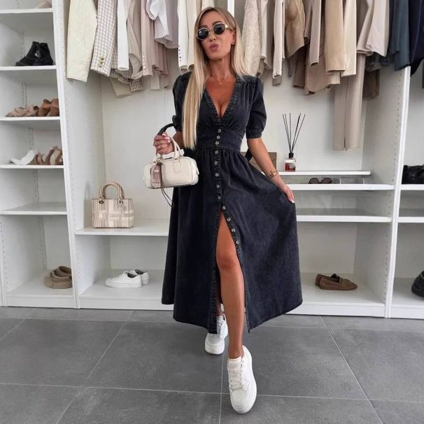 Women's Clothing Fashion Long Skirt V Neck Short Sleeve Loose Denim Long Button Dress_ecoleips.com