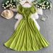 Women's Clothing Green Temperament Lace Up Square Neck Puff Sleeve Dress For Women Summer Pleated Waist Slim Long Skirt_ecoleips.com