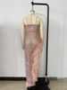 Glamorous V-Neck Sequin Fringe Hem Bodycon Dress – Elegant Pink Evening Gown For Parties & Prom (S-XL, Stretch Polyester, Figure-Hugging Silhouette)_ecoleips.com