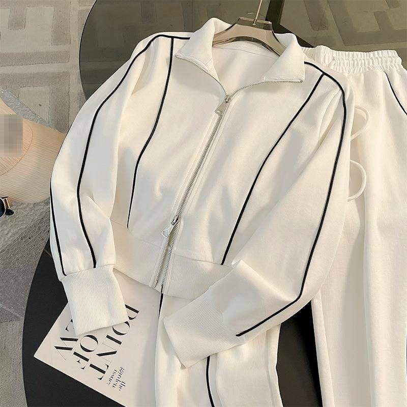 Women's Trendy Tracksuit Set – High-Waisted Wide-Leg Joggers & Cropped Hoodie, 3D Print Streetwear (Black/White)_ecoleips.com