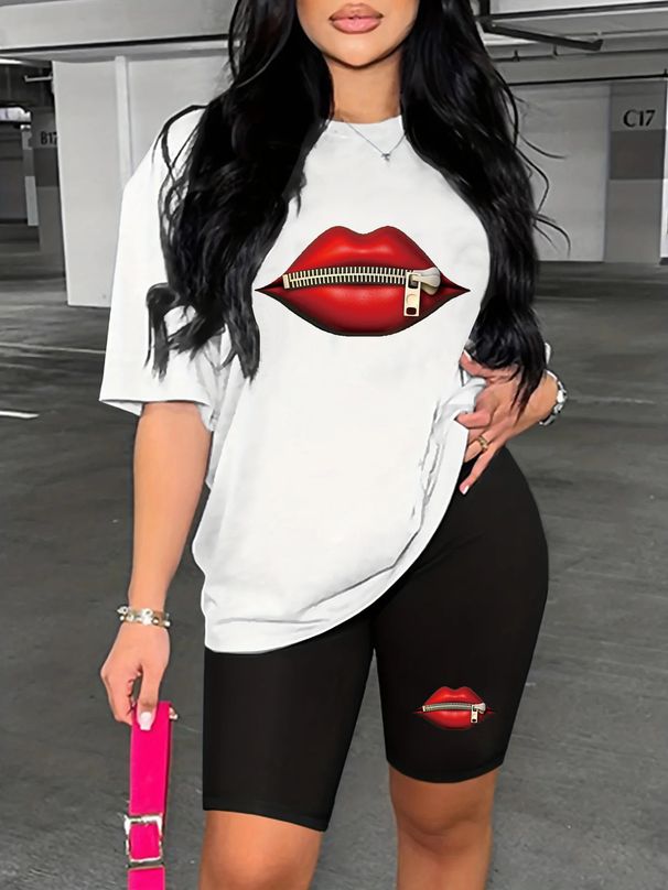 Summer Women's Casual Fashion Zipper Red Lip Print Loose T-shirt+shorts Two-piece Sportswear Suitable For Daily Wear-78_ecoleips.com