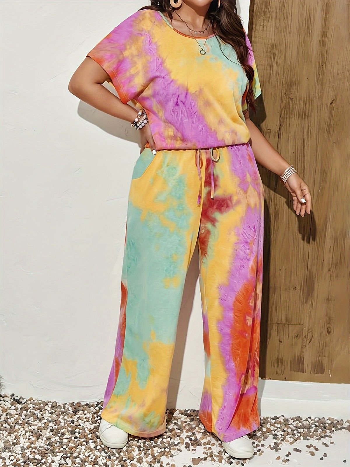 Women's Tie Dye Print Slimming Set Crew Neck Short Sleeve Top with Straight Leg Pants Independent Stores plus Size Clothes_ecoleips.com