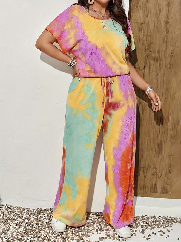 Women's Tie Dye Print Slimming Set Crew Neck Short Sleeve Top with Straight Leg Pants Independent Stores plus Size Clothes_ecoleips.com