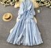 Women's French Retro Print Beaded Bell Sleeve Dress Long Sleeved Color Block V Neck Tie Waist A Line Maxi Dress For Commuting_ecoleips.com
