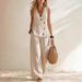 Breathable Summer Casual V-Neck Button Vest & Pants Set – Lightweight Comfort Outfit For Women_ecoleips.com