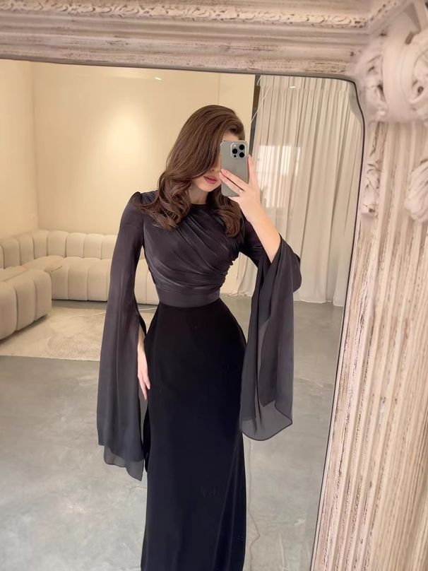 Women's Round Neck Flared Long Sleeve Satin Bodycon Midi Dress – Elegant Casual Summer Gown 2026_ecoleips.com