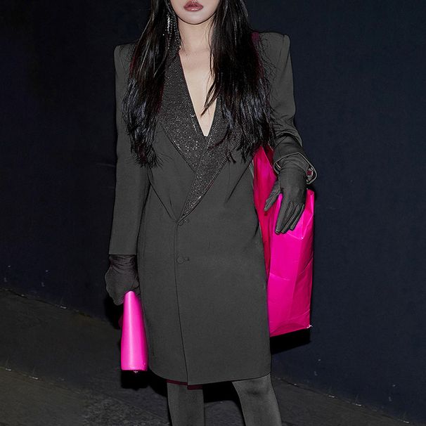 Women's clothing feather casual long-sleeved lapel suit jacket + casual slim-fit long trousers 2-piece set_ecoleips.com
